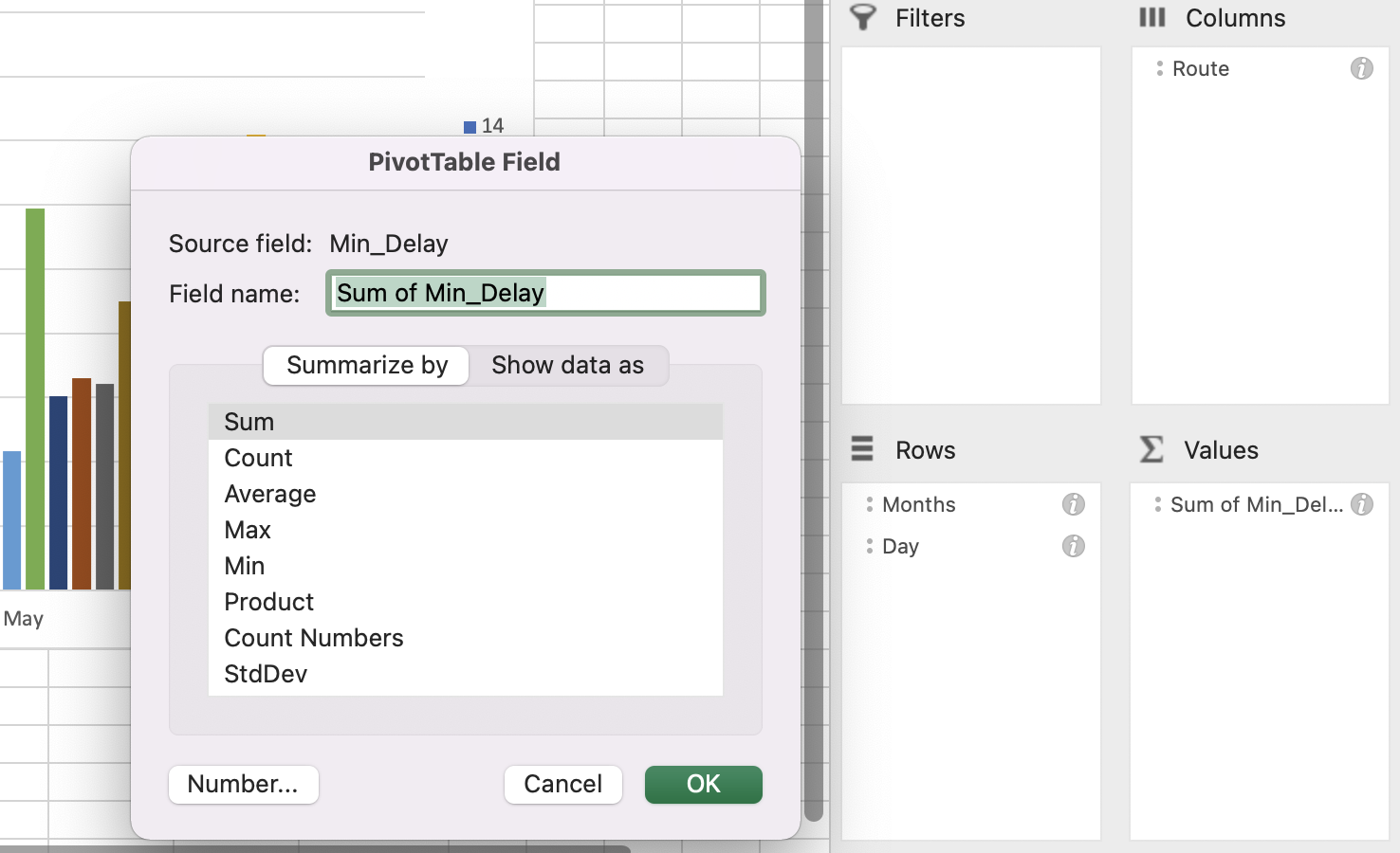 Value field settings is selected after clicking into the Sum of Min Delay box