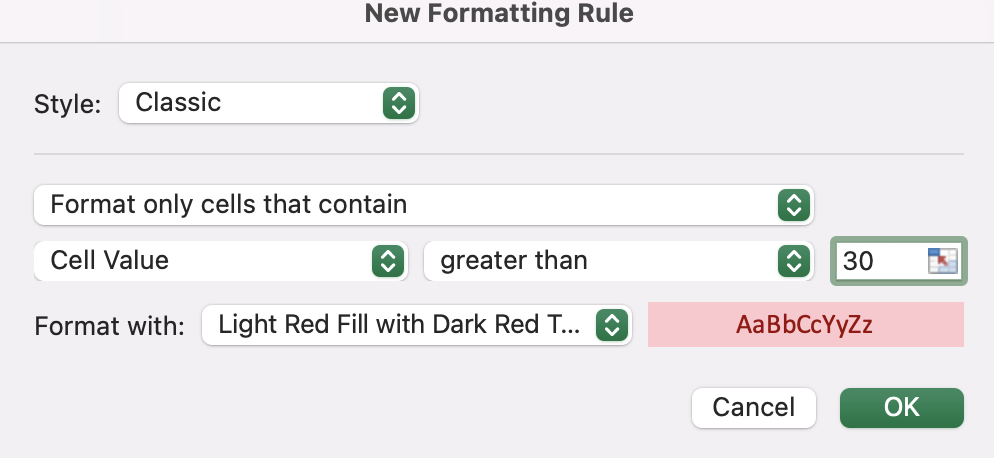 cell values of 30, and Light red fill with dark red text