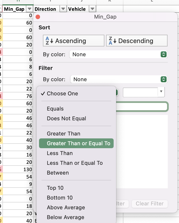 Min_Gap column filter, number filters, followed by greater than filter location