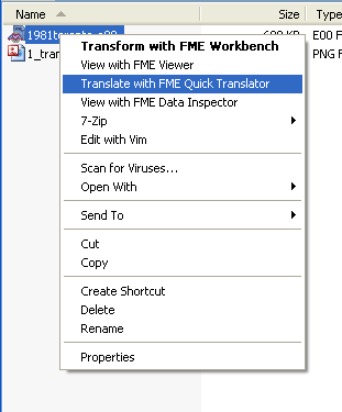 Screenshot of context menu in Windows Explorer showing option to translate data with FME Quick Translator.