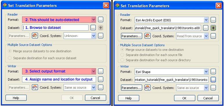 Screenshots of Set Translation Parameters dialogue box in FME Quick Translator.