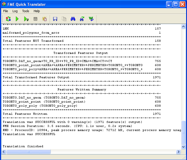 Screenshot showing translation log from FME Quick Translator.