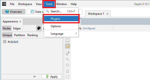 Gephi's top menu with 'Tools' selected. From this selection a dropdown menu with the entry 'Plugins' is also selected.