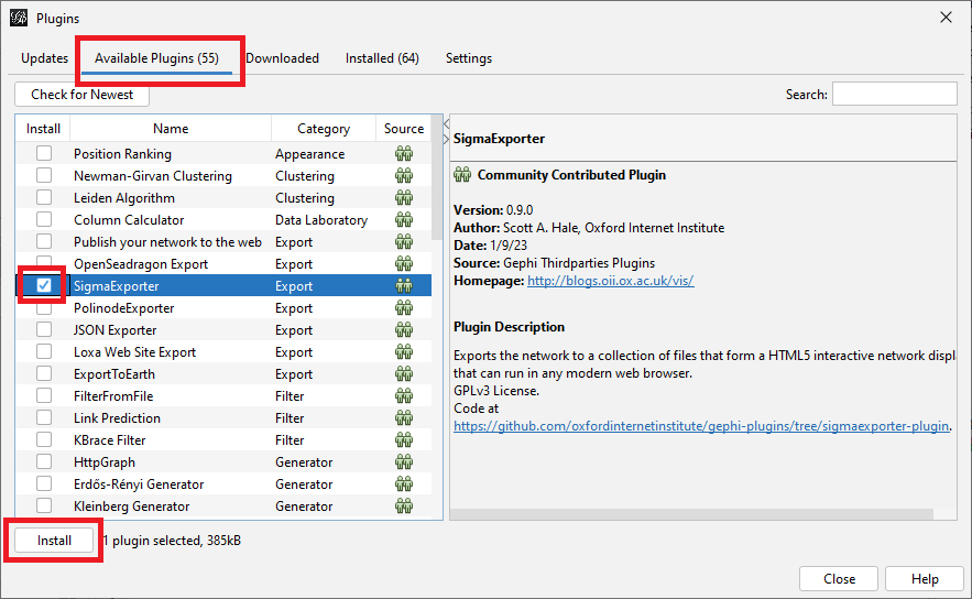 The Plugins window with the Available Plugins tab highlighted and opened. SigmaExporter selected and Install highlighted.