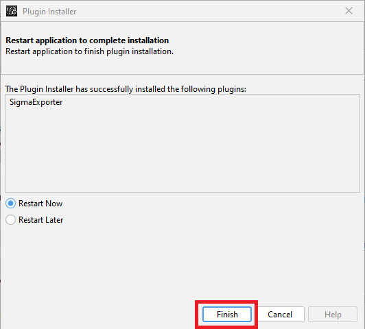 The Plugin Installer window with the 'Finish' button highlighted.