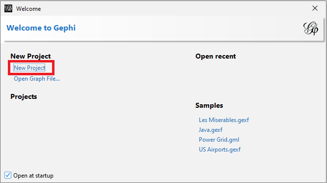 Gephi's welcome startup window with the 'New Project' link highlighted.
