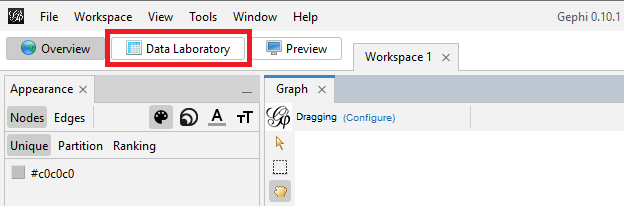 The 'Data Laboratory' button underneath Gephi's top menu highlighted.