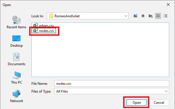 The Open window with the 'nodes.csv' file selected. The 'Open' button near the bottom is highlighted.