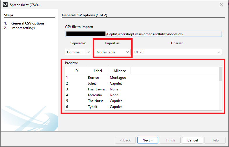 Gephi's Wizard window with the 'Import as' and 'Preview' sections of the window highlighted. Underneath the 'Import as' section, the option 'Nodes table' has been selected.