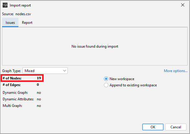 The Import Report window with the '# of Nodes' entry highlighted.