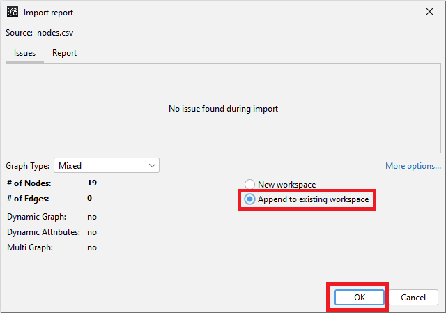 The Import Report window with the 'Append to existing workspace' option selected. The 'OK' button at the bottom of the window is highlighted.