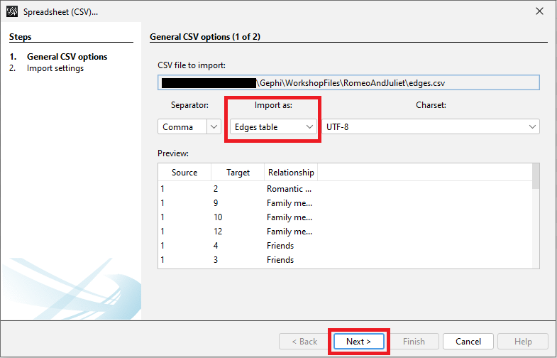 Gephi's Wizard window with the 'Import as' and 'Preview' sections of the window highlighted. Underneath the 'Import as' section, the option 'Edges table' has been selected.