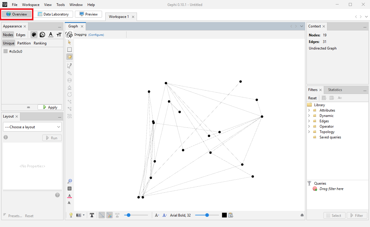 The 'Overview' button underneath Gephi's top menu highlighted. The Gaphi graph pane now visible with nodes and edges.