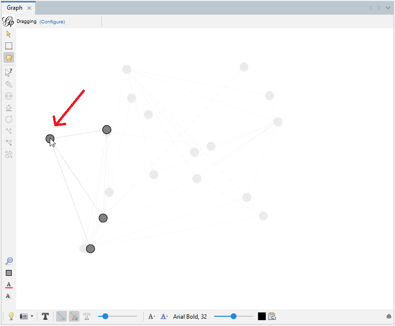 Node being moved with the drag tool on the Gephi graph pane.