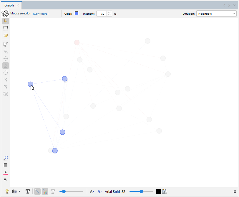 The Graph pane with three of the displayed graph's nodes with a blue hue.