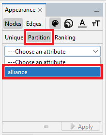 In the 'Appearance' pane, the 'Partition' option as well as 'alliance' option listed in the dropdown menu are both highlighted.