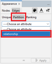 In the 'Appearance' pane, the 'Partition' option as well as 'relationship' option listed in the dropdown menu are both highlighted.