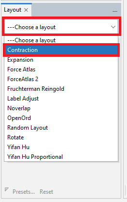 In the 'Layout' pane, the 'Contraction' entry is highlighted in the 'Choose a layout' dropdown menu.