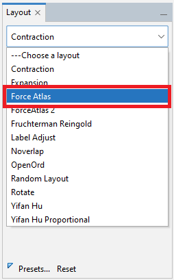 In the 'Layout' pane, the 'Force Atlas' entry is highlighted in the 'Choose a layout' dropdown menu.