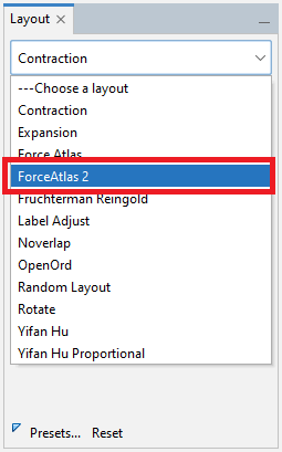 In the 'Layout' pane, the 'Force Atlas 2' entry is highlighted in the 'Choose a layout' dropdown menu.