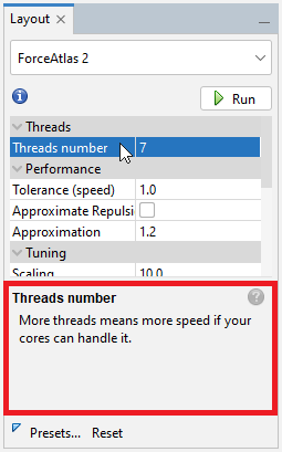 In the 'Layout' pane, the 'Threads number' as well as the parameter's help snippet are both highlighted.