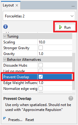 In the 'Layout' pane, the 'Prevent Overlap' option is selected. The 'Run' button, also in the pane, is highlighted.