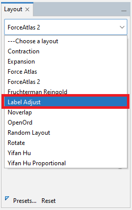 In the 'Layout' pane, the 'Label Adjust' entry is highlighted in the 'Choose a layout' dropdown menu.