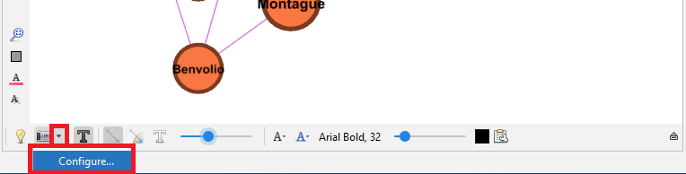 Screenshot drop-down menu at the bottom of the Gephi graph pane open, with 'Configure' selected and highlighted.