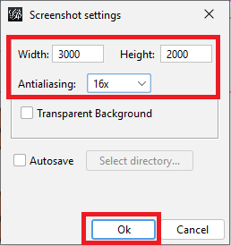 Screenshot settings with 'Width' set to 3000, 'Height' set to 2000, and 'Antialiasing' set to 16x, all highlighted.