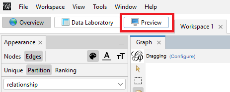 The 'Preview' button underneath Gephi's top menu highlighted.