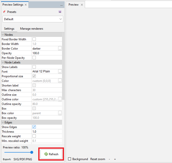 Below the 'Preview Settings' pane, 'Refresh' highlighted.