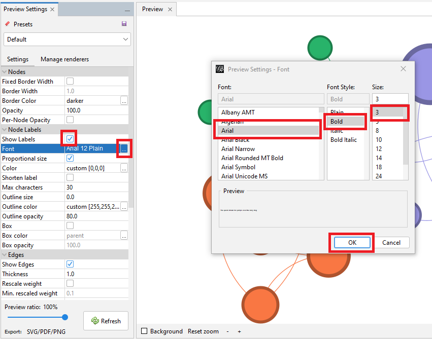 Under 'Node Labels' in 'Preview Settings', show labels selected and font settings opened, both highlighted. In font settings, 'Arial', 'Bold', and '3' selected and highlighted.