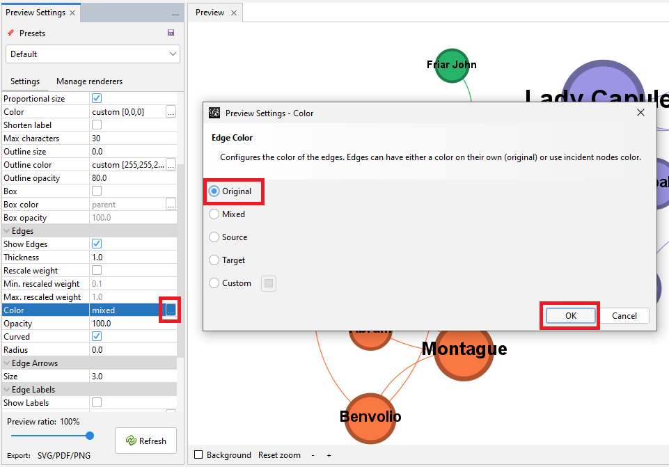 Under 'Edge' in 'Preview Settings', Colour settings opened. Edge Color set to 'Original'.