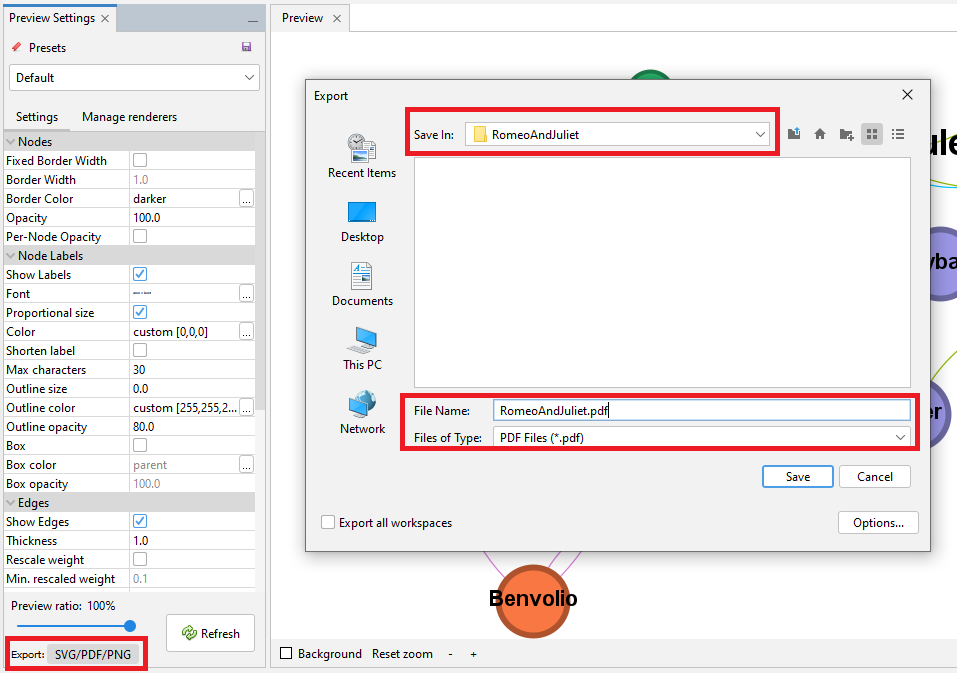 Below the 'Preview Settings' pane, 'Export' highlighted. In the Export window, save the save location, file name, and file type fields are all highlighted