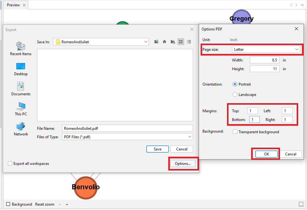 In the export window, 'Options...' is opened and selected. In the 'Options PDF' window, page size is set to letter, and all margins are set to 1. 