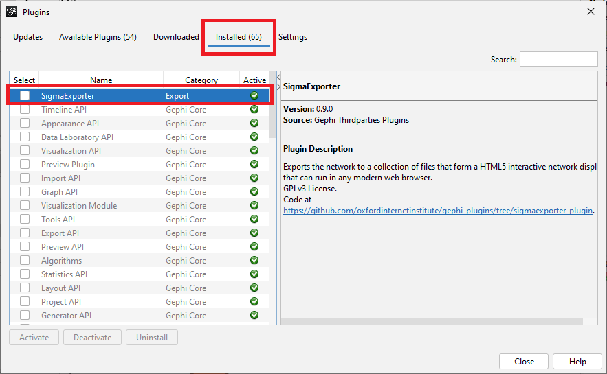 The plugins window with the 'Installed' tab open and SigmaExporter highlighted.
