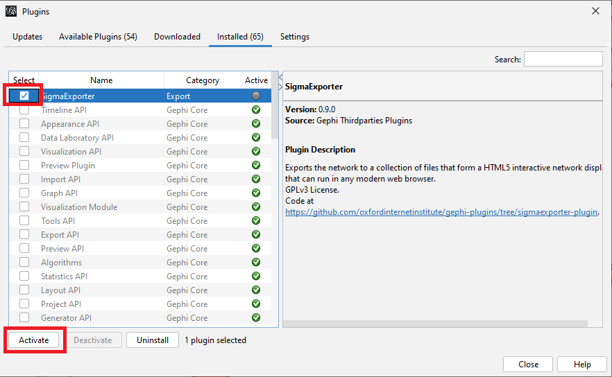 The plugins window with the 'Installed' tab open and SigmaExporter selected. Activate button below the plugin list highlighted.