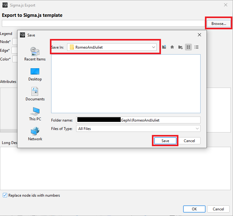 SigmaExport window with 'Browse...' highlighted and opened. Save window with the RomeoAndJuliet folder selected.