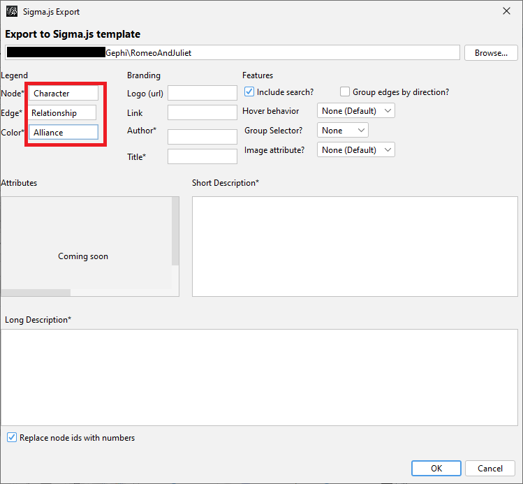 SigmaExport window with the legend fields: Node, Edge, and Color filled in and highlighted.