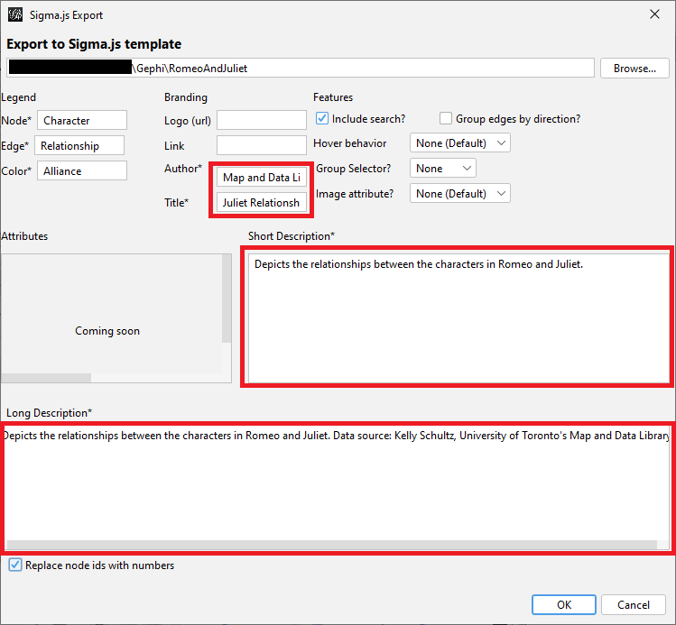 SigmaExport window with the Author, Title, Short Description, and Long Description fields filled in and highlighted.