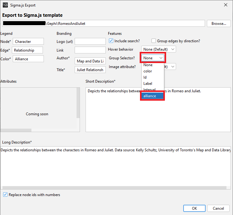 SigmaExport window with the Group Sector drop-down menu open and 'alliance' highlighted.