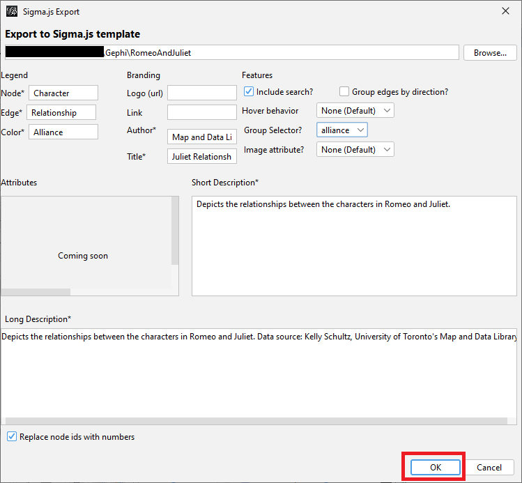 SigmaExport window with 'OK' highlighted.