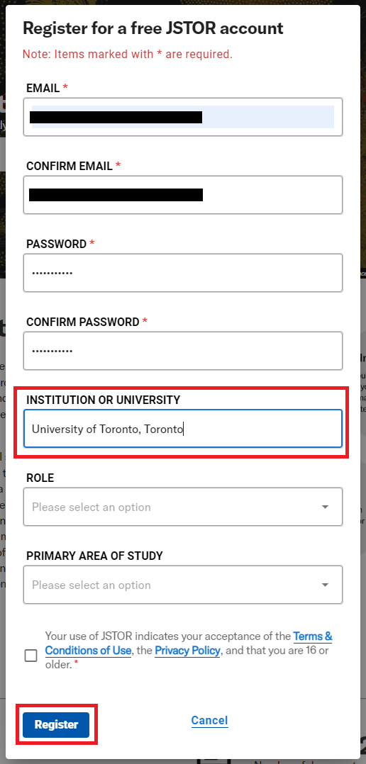 Register window with University of Toronto entered in the Institution Field and the Register button highlighted