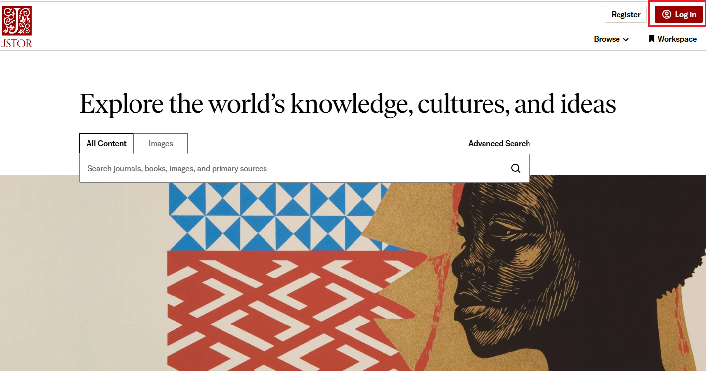 JSTOR homepage with log in button