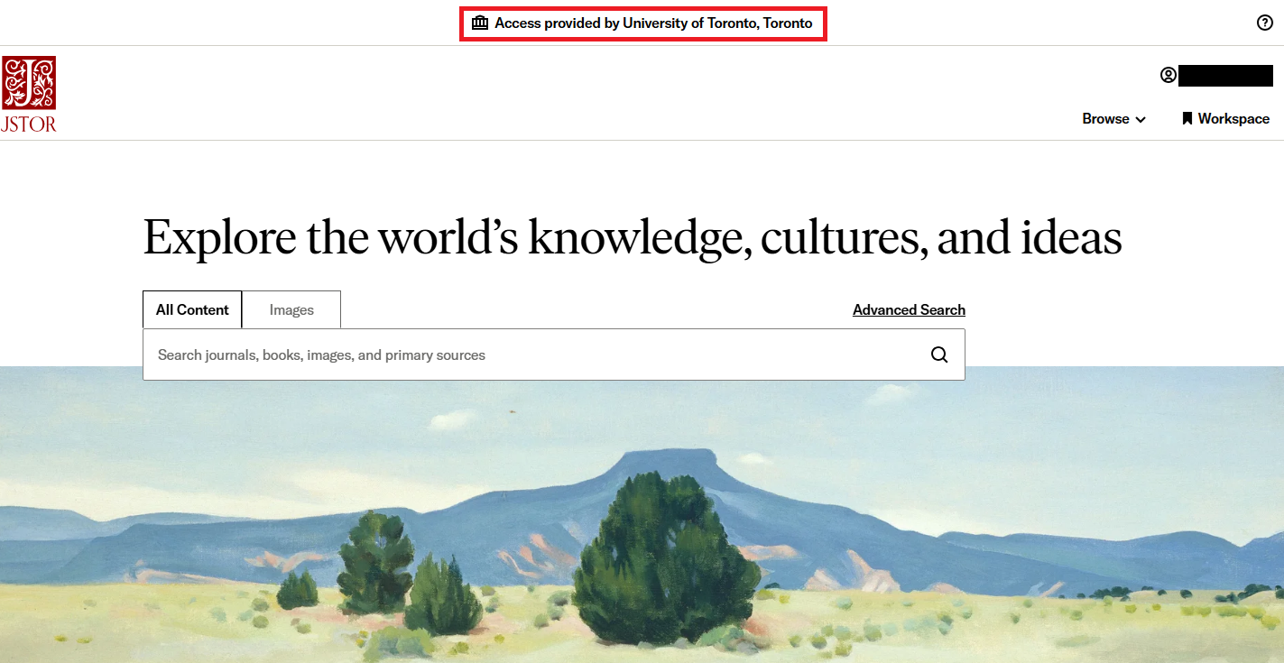 JSTOR homepage with "Access provided by University of Toronto"