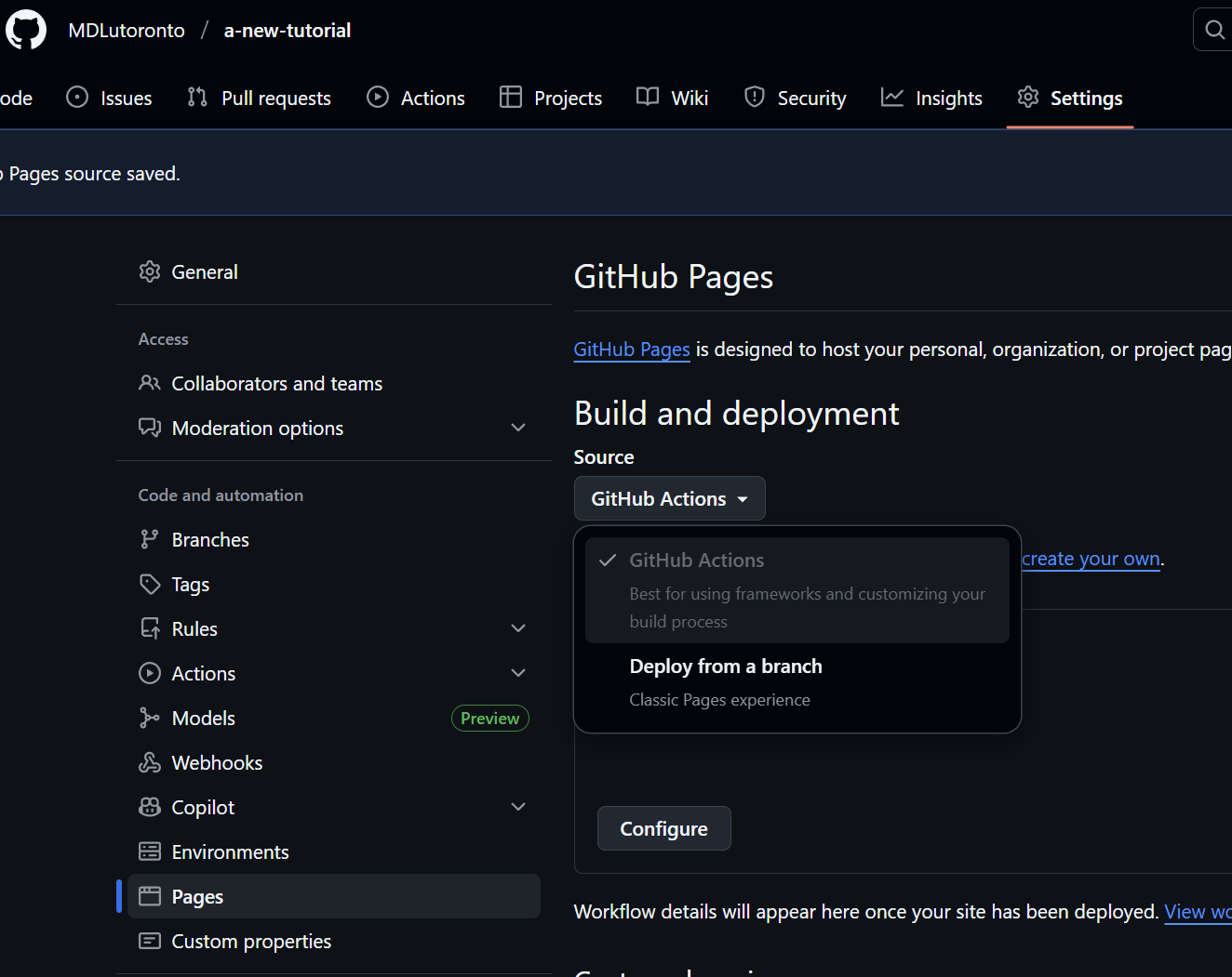 Repository settings tab