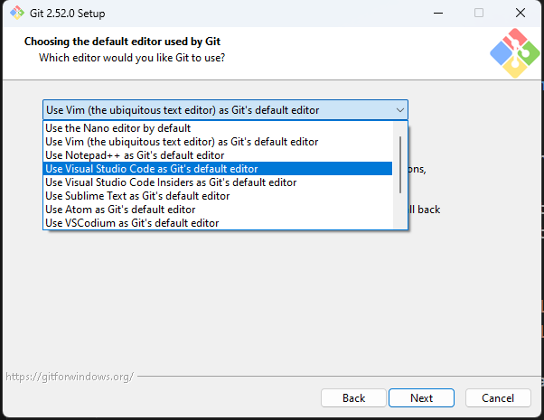 Choose VS Code as default editor for Git