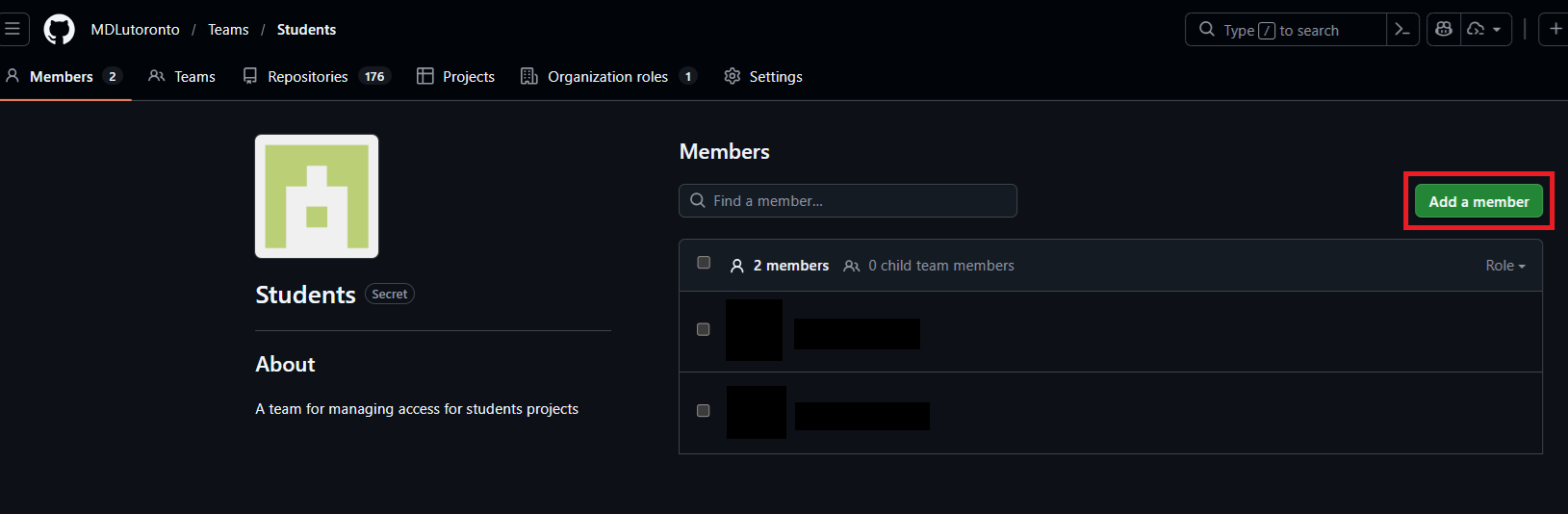 'Students' team page with 'Add a member' button highlighted