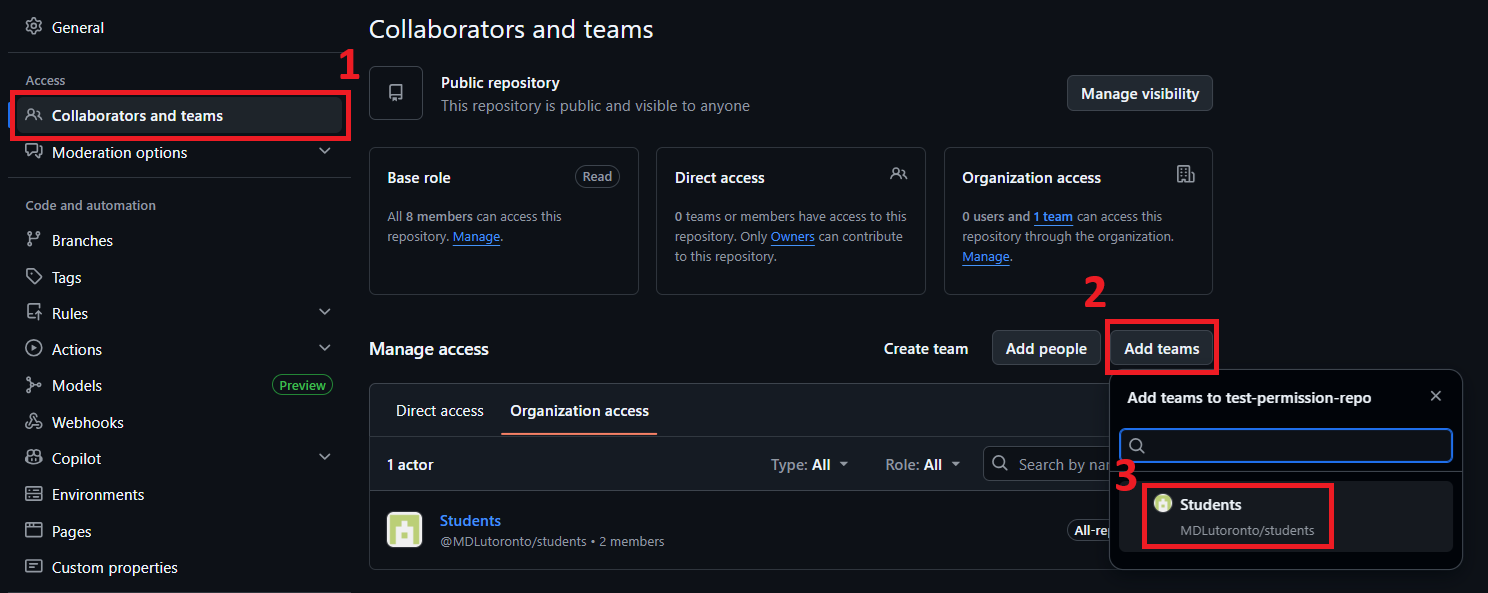 Repository settings page with 'Collaborators and teams' option highlighted with number 1 annotation in the left sidebar, and the 'Add teams' button highlighted in the main section with number 2 annotation, and the 'Students' team highlighted in the dropdown menu with number 3 annotation