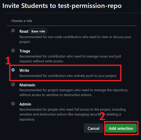 Invitation form with 'Write' option selected, and highlighted with number 1 annotation, and the 'Add selection' button highlighted with number 2 annotation